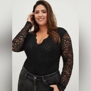 Torrid Black Bodysuit- Mesh & Black Lace Long-Sleeved Torrid Size 00/Size 10 NWT